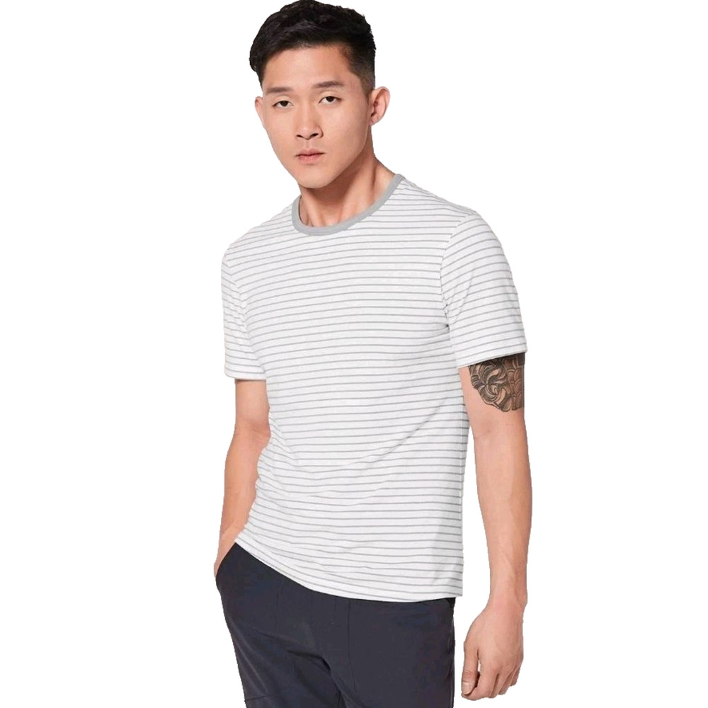 Lululemon 5 Year Basic Tee Shirt Mens Large Delta Striped White Crew Neck Pima
